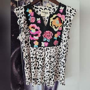 Savannah Jane Floral‎ Embroidered 100% Cotton Shirt Tunic Top Size Small V Neck